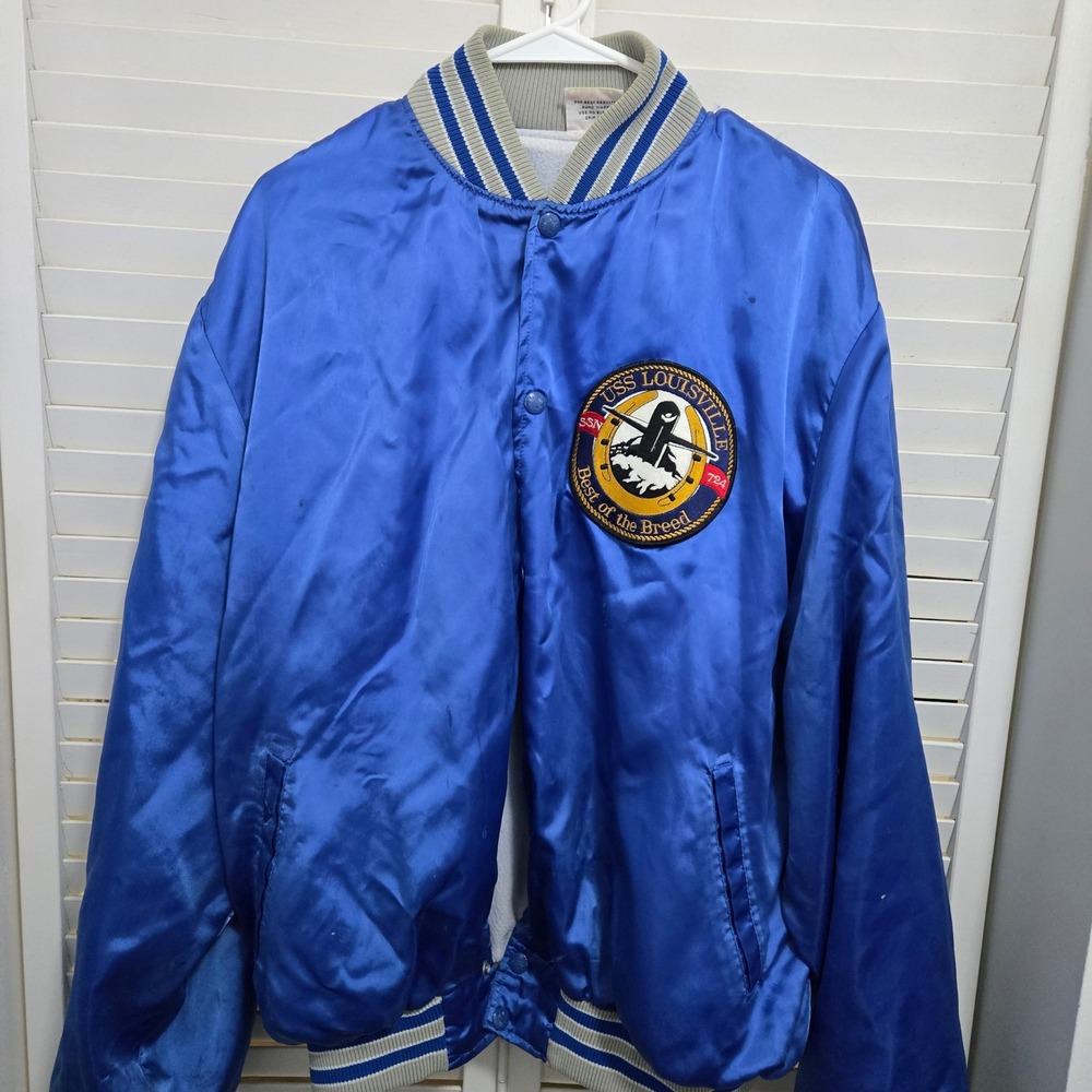Vintage Birdie USS Louisville SSN-724 Satin Bomber Jacket Blue Mens XL USA Made